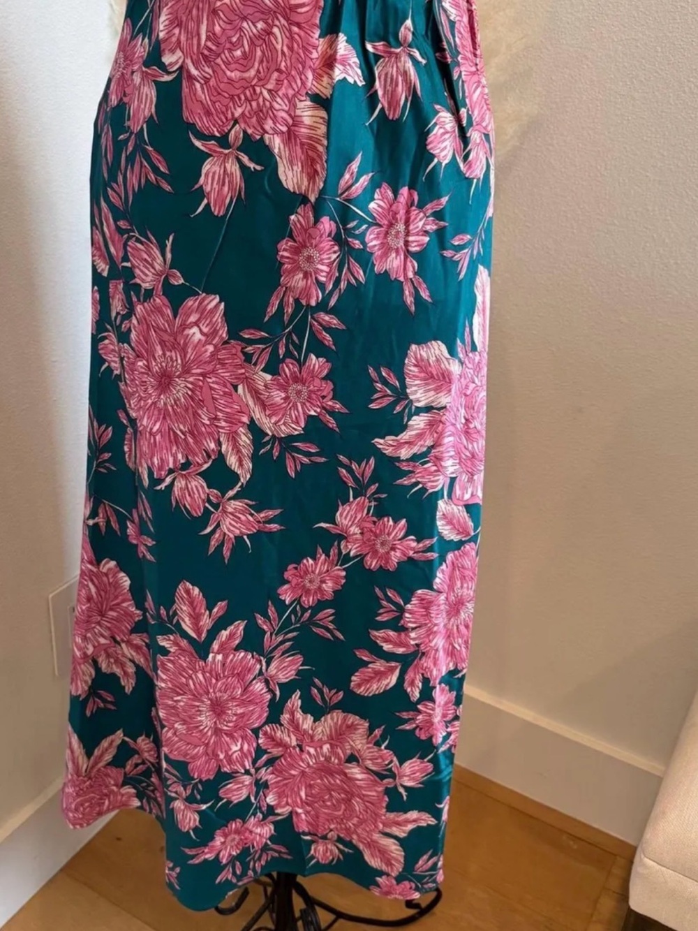 Floral Maxi Skirt in Teal with Pink Blooms